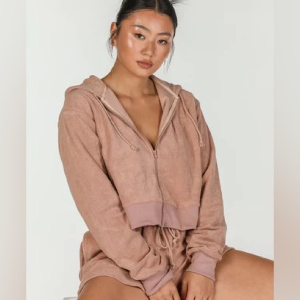 Saski Collection Towelling French terry zip up hoodie sweater biscuit tan